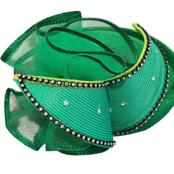 Elegant Green Fascinator Hat With Mesh & Rhinestones - Picture 7 of 9